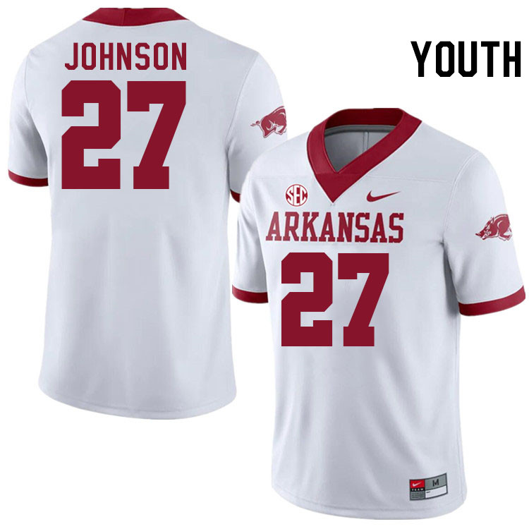 Youth #27 Ahkhari Johnson Arkansas Razorbacks College Football Jerseys Stitched-Alternate White